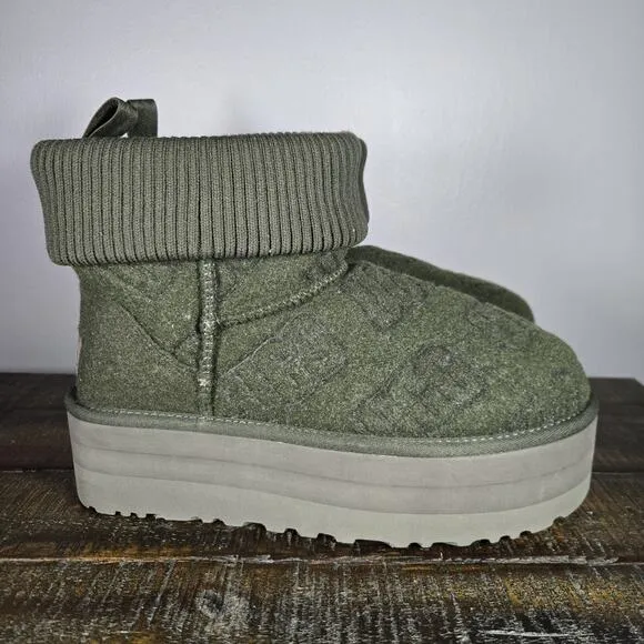 UGG Classic Mini Felted Platform Womens Size 9 Slip On Shoes Boots Green Lined