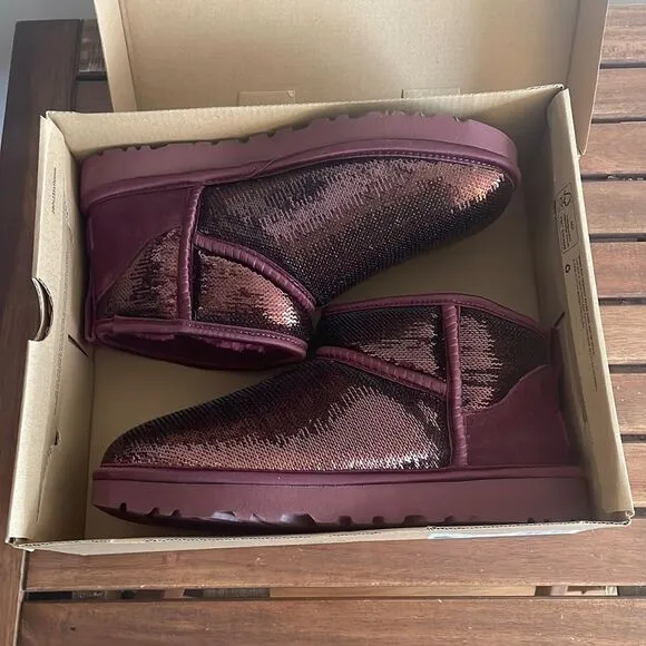 UGG Classic Ultra Mini Mirror Ball Sequins Boots Wild Grape US Women 7/UK 5/EU38