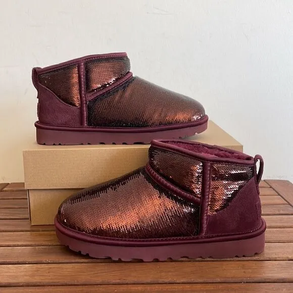 UGG Classic Ultra Mini Mirror Ball Sequins Boots Wild Grape US Women 7/UK 5/EU38