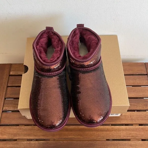 UGG Classic Ultra Mini Mirror Ball Sequins Boots Wild Grape US Women 7/UK 5/EU38