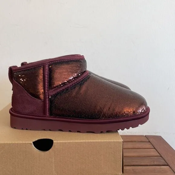 UGG Classic Ultra Mini Mirror Ball Sequins Boots Wild Grape US Women 7/UK 5/EU38