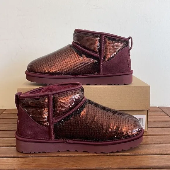UGG Classic Ultra Mini Mirror Ball Sequins Boots Wild Grape US Women 7/UK 5/EU38