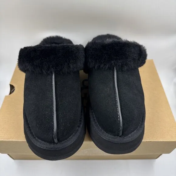 UGG Disquette Black Suede Fur Cuff Slide Platform Slipper Shoes Size 7 Women New
