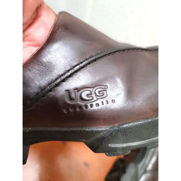 UGG Mens Brown Leather Slip-On Shoes With Shearling Lining Size 10