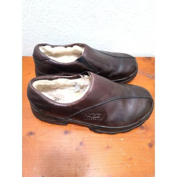 UGG Mens Brown Leather Slip-On Shoes With Shearling Lining Size 10