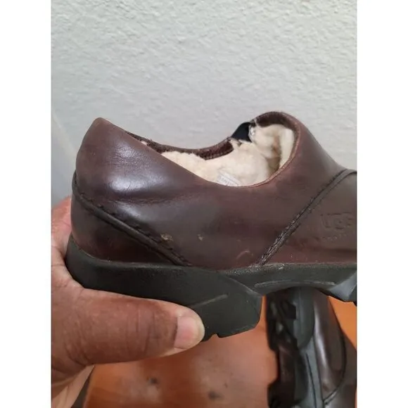 UGG Mens Brown Leather Slip-On Shoes With Shearling Lining Size 10