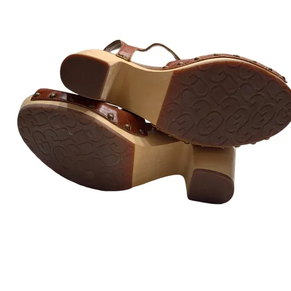 UGG NADIA BROWN LEATHER  OPEN TOE PLATFORM WOODEN HEEL STUDDED SANDALS SHOES