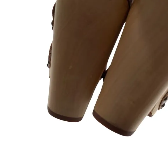 UGG NADIA BROWN LEATHER  OPEN TOE PLATFORM WOODEN HEEL STUDDED SANDALS SHOES