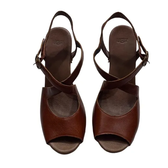 UGG NADIA BROWN LEATHER  OPEN TOE PLATFORM WOODEN HEEL STUDDED SANDALS SHOES