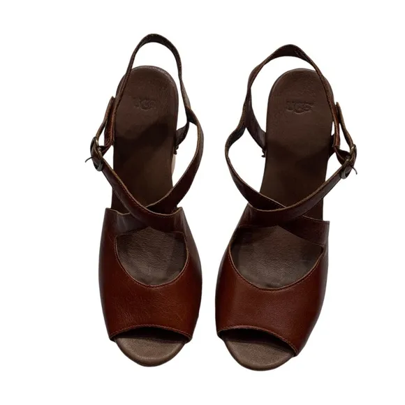 UGG NADIA BROWN LEATHER  OPEN TOE PLATFORM WOODEN HEEL STUDDED SANDALS SHOES