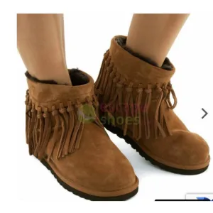 UGG Wynona Chestnut Leather w Brown Sheepskin Lining Fringe Detail Ankle Boots 7