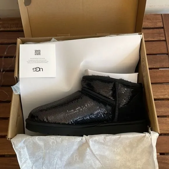 UGG Classic Ultra Mini Mirror Ball Sequins Boots Black USA Women 7/UK 5/EU 38