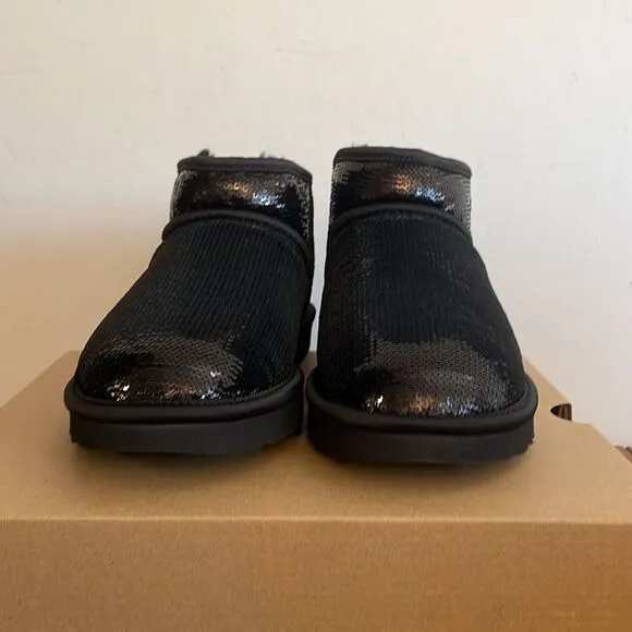 UGG Classic Ultra Mini Mirror Ball Sequins Boots Black USA Women 7/UK 5/EU 38