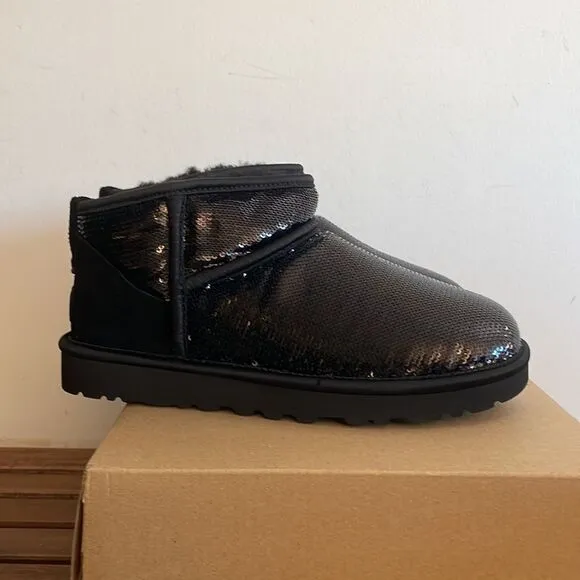 UGG Classic Ultra Mini Mirror Ball Sequins Boots Black USA Women 7/UK 5/EU 38