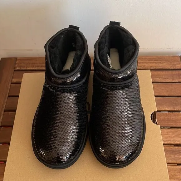 UGG Classic Ultra Mini Mirror Ball Sequins Boots Black USA Women 7/UK 5/EU 38