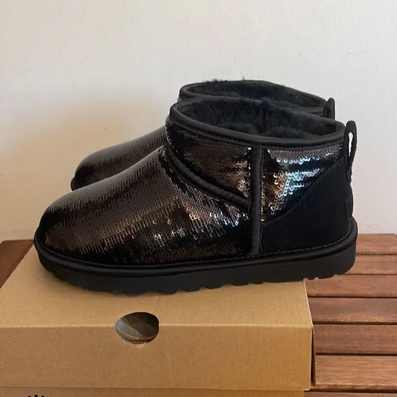 UGG Classic Ultra Mini Mirror Ball Sequins Boots Black USA Women 7/UK 5/EU 38