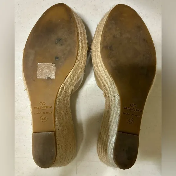 Valentino Garavani Wedge Espadrille Slide Patent Leather Nude Shoes Size 40