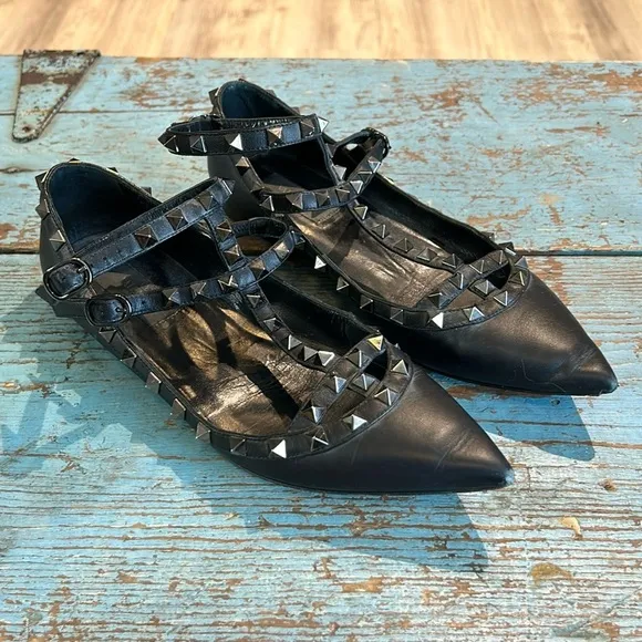 VALENTINO Rock studs Double Ankle Strap Shoes Slingbacks Size 38.5