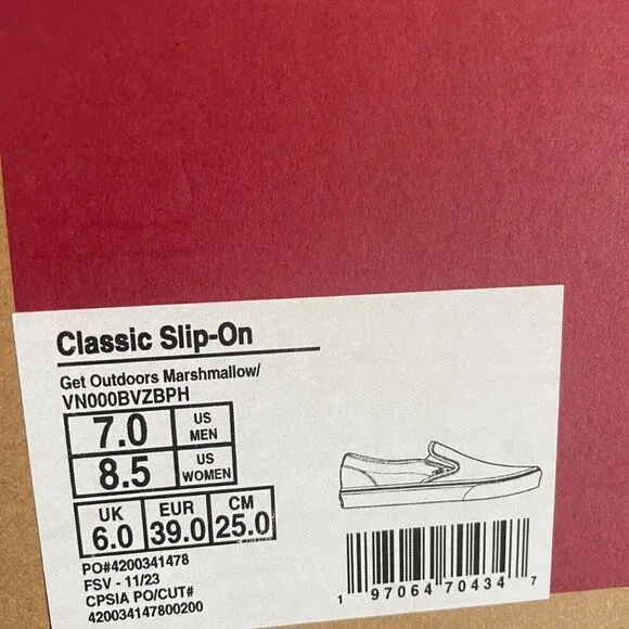 vans classic slip on get outdoors marshmallow women size 7.5/8.5
