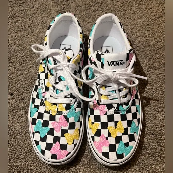 Vans girls  Doheny Butterfly Checkerboard multi-color white skate sneakers size3