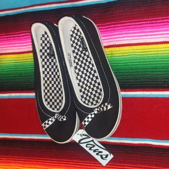 Vans Mary Jane Ballet Flat Shoes Black White checker bow Sz 2