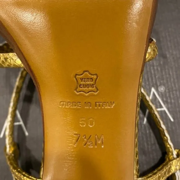 Via Spiga V-Tripod Gold Metallic Python Sandals Heels Pumps Shoes 7.5 New
