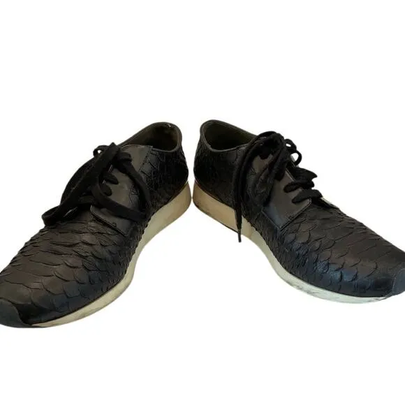 VINCE Rayner Leather Lace-Up Sneakers Snakeskin Embossed Luxe Black Size 10