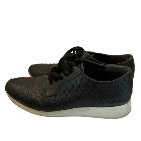 VINCE Rayner Leather Lace-Up Sneakers Snakeskin Embossed Luxe Black Size 10