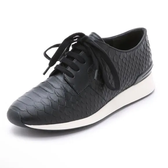 VINCE Rayner Leather Lace-Up Sneakers Snakeskin Embossed Luxe Black Size 10