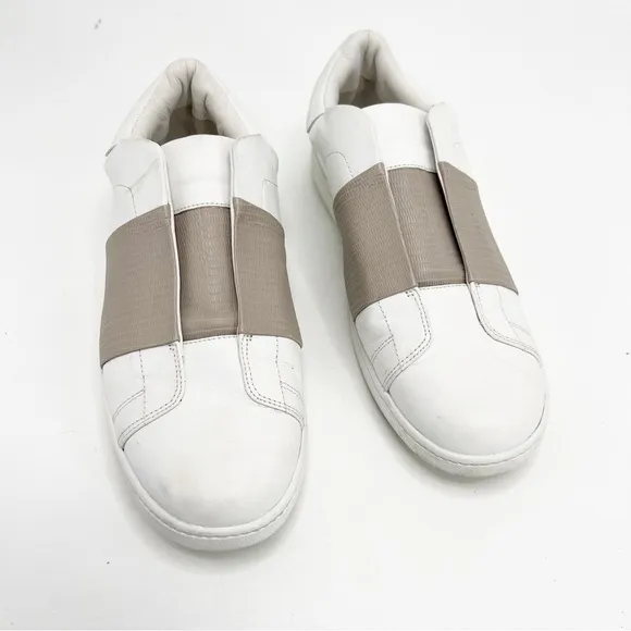 Vince Vista Lizard-Embossed White Leather and Tan Slip On Sneakers 9.5