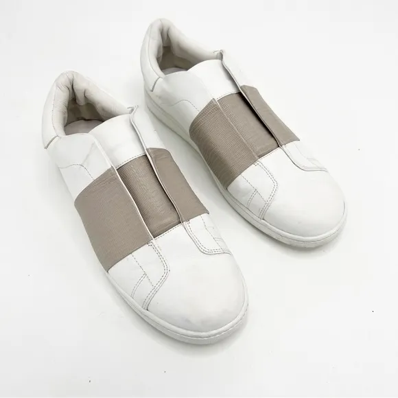 Vince Vista Lizard-Embossed White Leather and Tan Slip On Sneakers 9.5