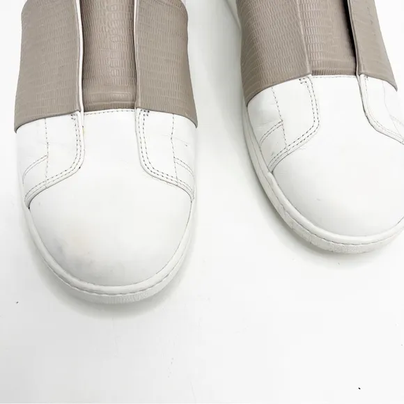 Vince Vista Lizard-Embossed White Leather and Tan Slip On Sneakers 9.5