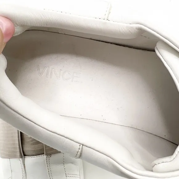 Vince Vista Lizard-Embossed White Leather and Tan Slip On Sneakers 9.5
