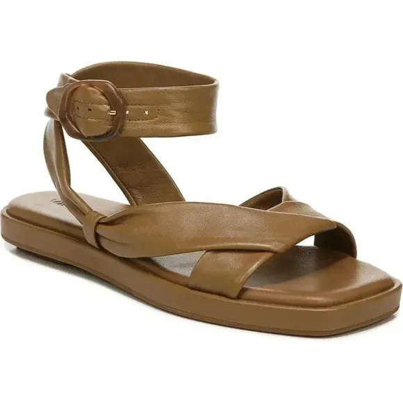 Vince Womens. Twistted Straps Ankle Strap Reza Square Toe Buckle Leather Sandals