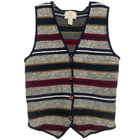 Vintage 80’s Sweater Vest Stripe Button Front Knit Weave Hong Kong Size Medium