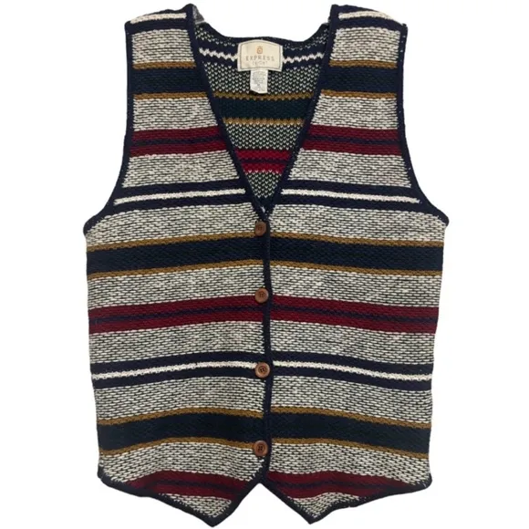 Vintage 80’s Sweater Vest Stripe Button Front Knit Weave Hong Kong Size Medium