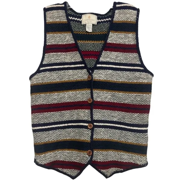 Vintage 80’s Sweater Vest Stripe Button Front Knit Weave Hong Kong Size Medium