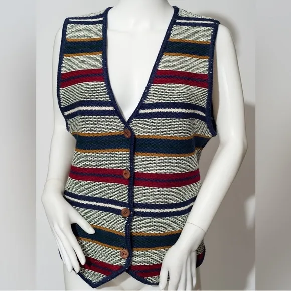 Vintage 80’s Sweater Vest Stripe Button Front Knit Weave Hong Kong Size Medium