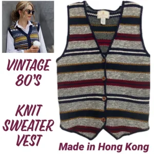 Vintage 80’s Sweater Vest Stripe Button Front Knit Weave Hong Kong Size Medium