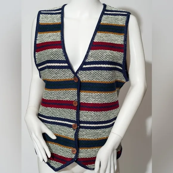 Vintage 80’s Sweater Vest Stripe Button Front Knit Weave Hong Kong Size Medium
