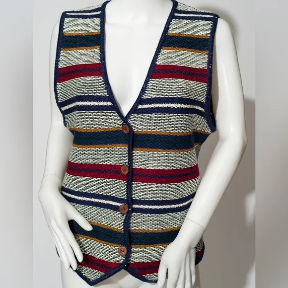 Vintage 80’s Sweater Vest Stripe Button Front Knit Weave Hong Kong Size Medium