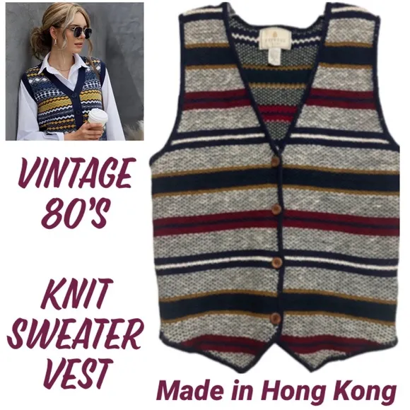 Vintage 80’s Sweater Vest Stripe Button Front Knit Weave Hong Kong Size Medium