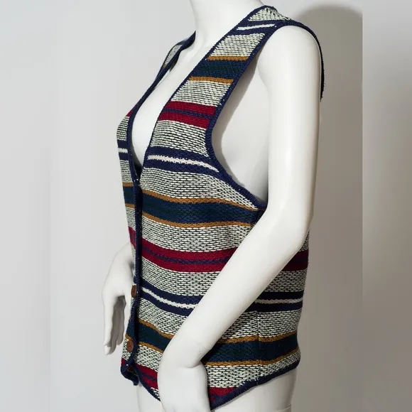 Vintage 80’s Sweater Vest Stripe Button Front Knit Weave Hong Kong Size Medium