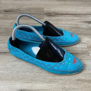 Vintage 9West Sport Blue Leather Aztec Loafer Flats Shoes Marissa Size 8 Sherpa