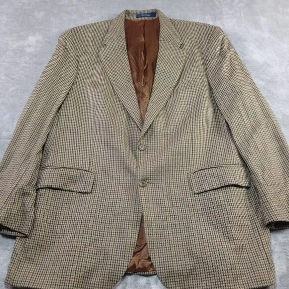 Vintage Chaps Ralph‎ Lauren 46T Brown Tweed Houndstooth Wool Silk Blazer Jacket