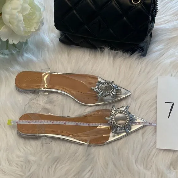 Vinyl Clear Rhinestone Pointed Toe Flat Wedding Slingback Sandals Shoes