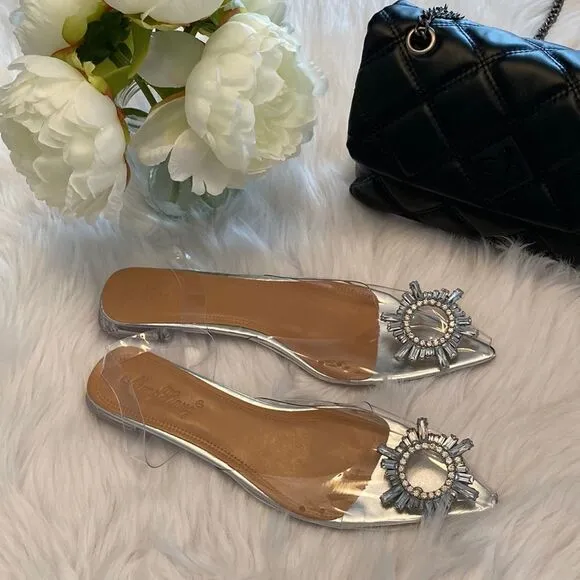Vinyl Clear Rhinestone Pointed Toe Flat Wedding Slingback Sandals Shoes