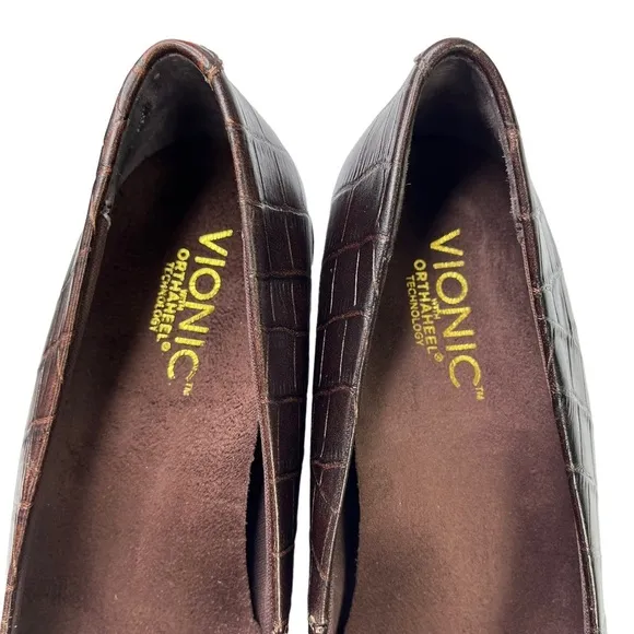 Vionic Lena Croc Embossed Bow Wedge Sandals Womens Brown Size‎ 6.5