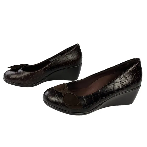 Vionic Lena Croc Embossed Bow Wedge Sandals Womens Brown Size‎ 6.5