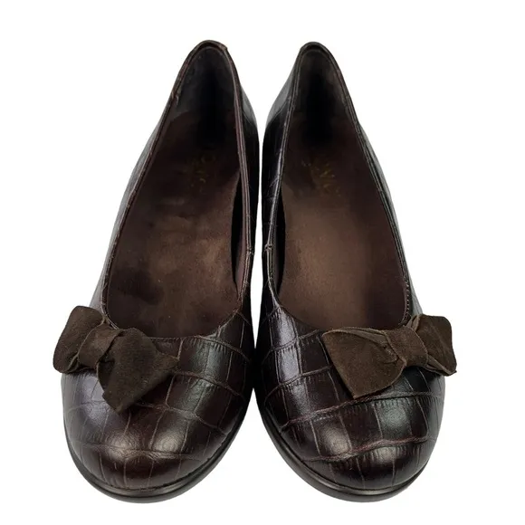 Vionic Lena Croc Embossed Bow Wedge Sandals Womens Brown Size‎ 6.5